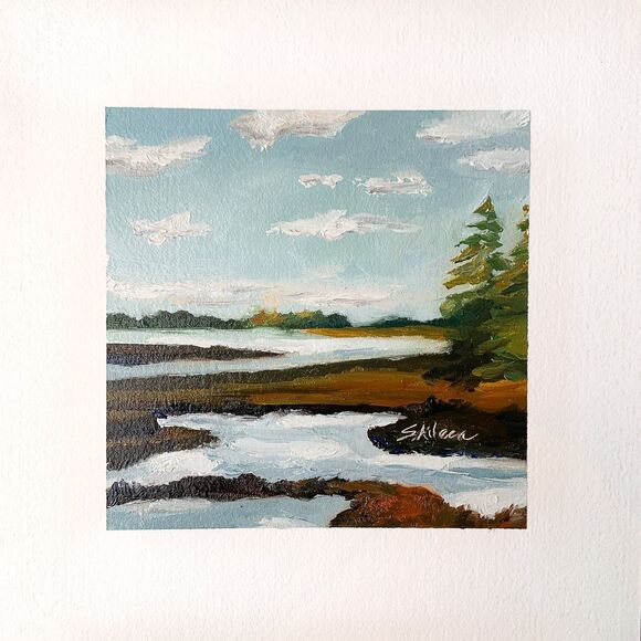 Other - 8x8 Maine Original Oil Painting Coastal Acadia National Park Marsh Sunset Signed